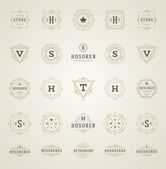 Vintage logos templates set vector flourishes calligraphic elegant ornaments frames and borders