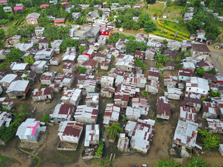 Aerial view Ribera Afonso corrugated metal houses, Sao Tome