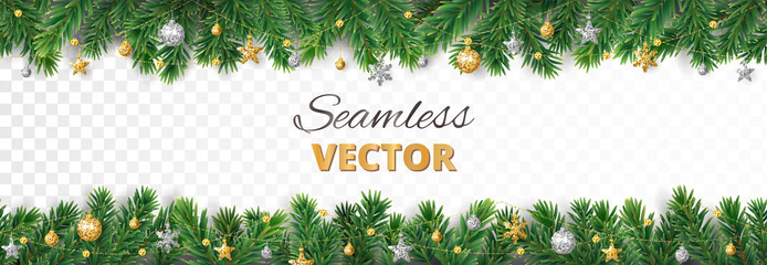 Materiał do szycia Vector Christmas decoration. Christmas tree border, frame with golden ornaments.