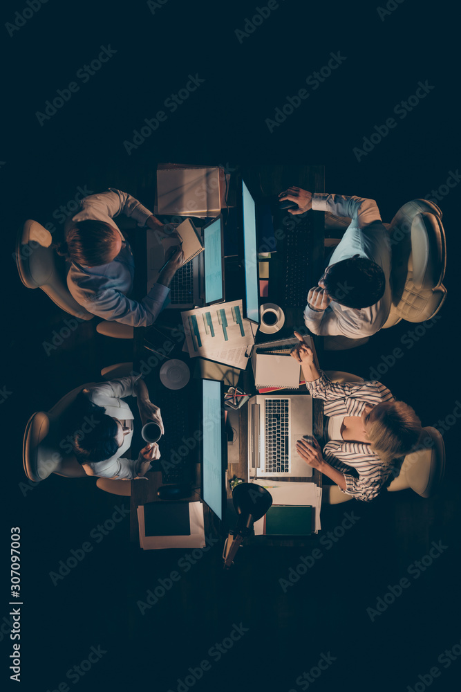 Poster vertical top above high angle view of four smart clever businesspeople it experts executive managers