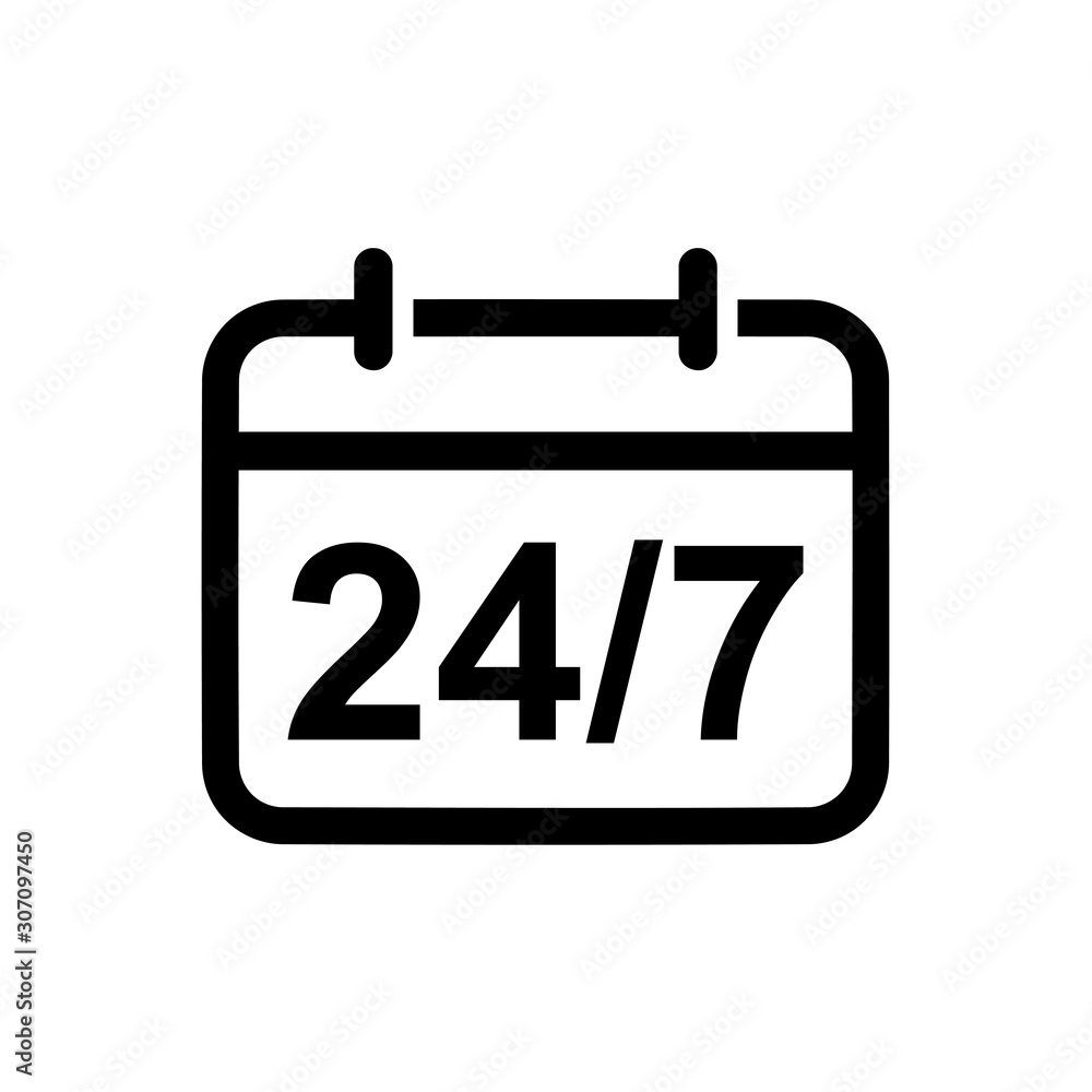 Poster 24/7 calendar icon flat style isolated on background. service time icon sign symbol for web site and app design.