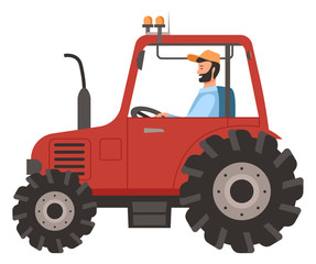 Farmer working vector, man driving tractor, isolated male with agricultural machinery on field, countryside and rural area, harvesting and cultivation