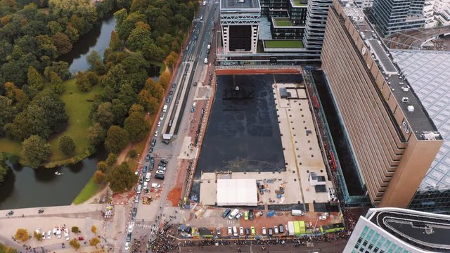 Aerial Drone view of Den haag centraal train station during climate strike protests