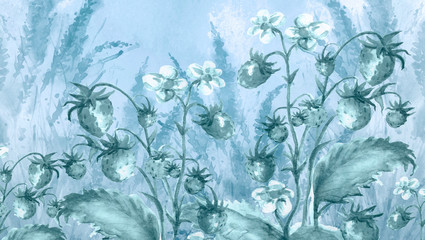 Watercolor greeting card, invitation with a plant strawberry. Blossoming bush with a berry and flower, of lavender, wild wildflowers. Flowering meadow.Night summer landscape. Blue, green, black color 