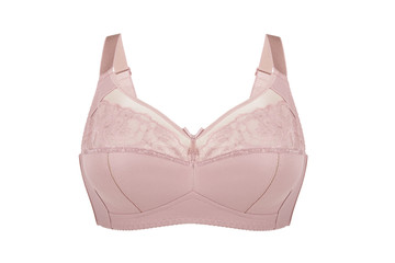 Beautiful pink bra. Lace bra, isolated on white background