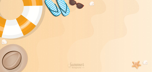 Summer vacation beach accessories on sand - web banner