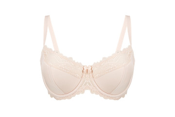 Beautiful beige bra. Lace bra, isolated on white background