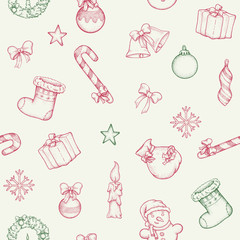 Christmas pattern with gifts, snowmen and decorations. Hand-drawn seamless pattern