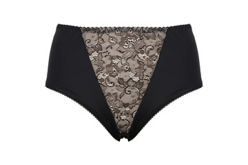 Beautiful female lacy black panties isolated on white background. Sexy underwear
