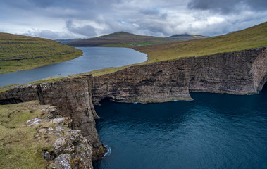Sorvagsvatn lake over the ocean in Faroe Islands