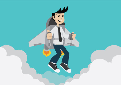 Happy businessman flying on jetpack.