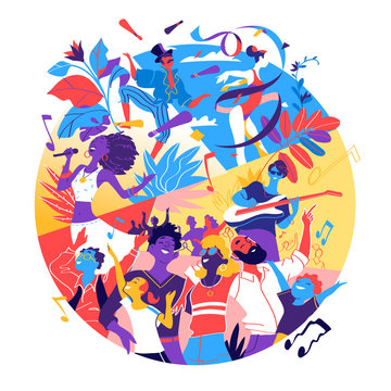 Poster for music festival, celebration, holiday party. A group of people is happy to be together celebrating a special event - Vector