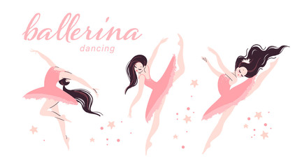 Flat beautiful ballerina dancer character in pink tutu dress doing different ballet dancing poses isolated on white background. Flat style, pastel color. Vector illustration.