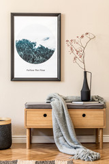 Scandinavian design home interior of living room with wooden commode, vase with flowers, plaid,...