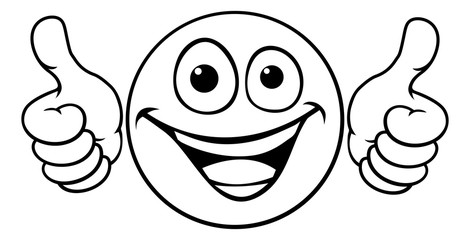 A cartoon emoji icon emoticon looking very happy with two thumbs up