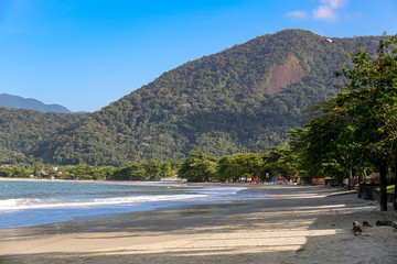 View of wonderful Praia do Lazaro (Lazaro Beach)on a sunny day with rainforest mountains, Ubatuba, Brazil