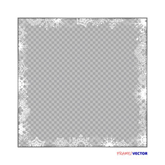 Empty winter white frame on a whole leaf with Snowflakes and shadow