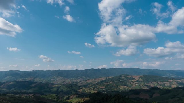 Timelapse of mountainous landscape during a sunny day or sunset at Phu Chi Fah National Park, Chiang Rai. footage time lapse b-roll scene 4k.