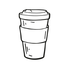 Single hand drawn coffee takeaway cup. In doodle style, black outline isolated on a white background. Cute element for card, social media banner, stickers. Vector illustration