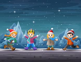 Happy children playing in winter scene