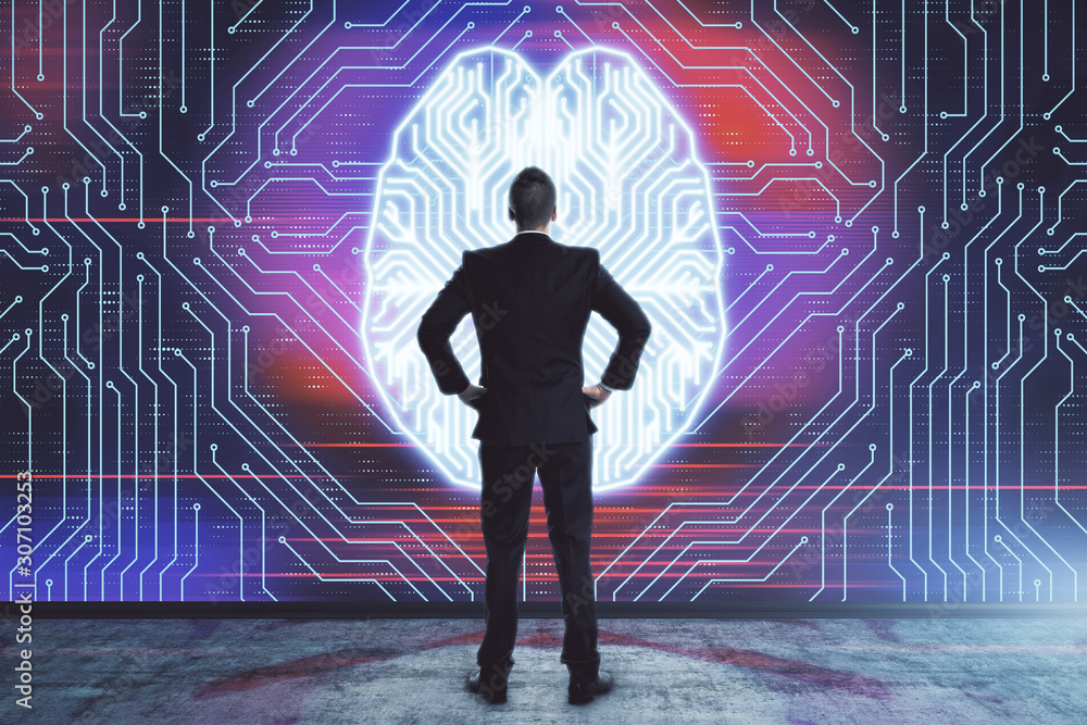 Poster man and brain icon hologram. double exposure. concept of data development