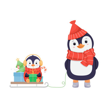 Cute penguin family in winter .Christmas character.Cartoon illustration