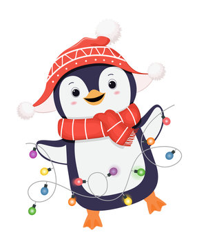 Cute penguin with garland light.Christmas character.Cartoon illustration