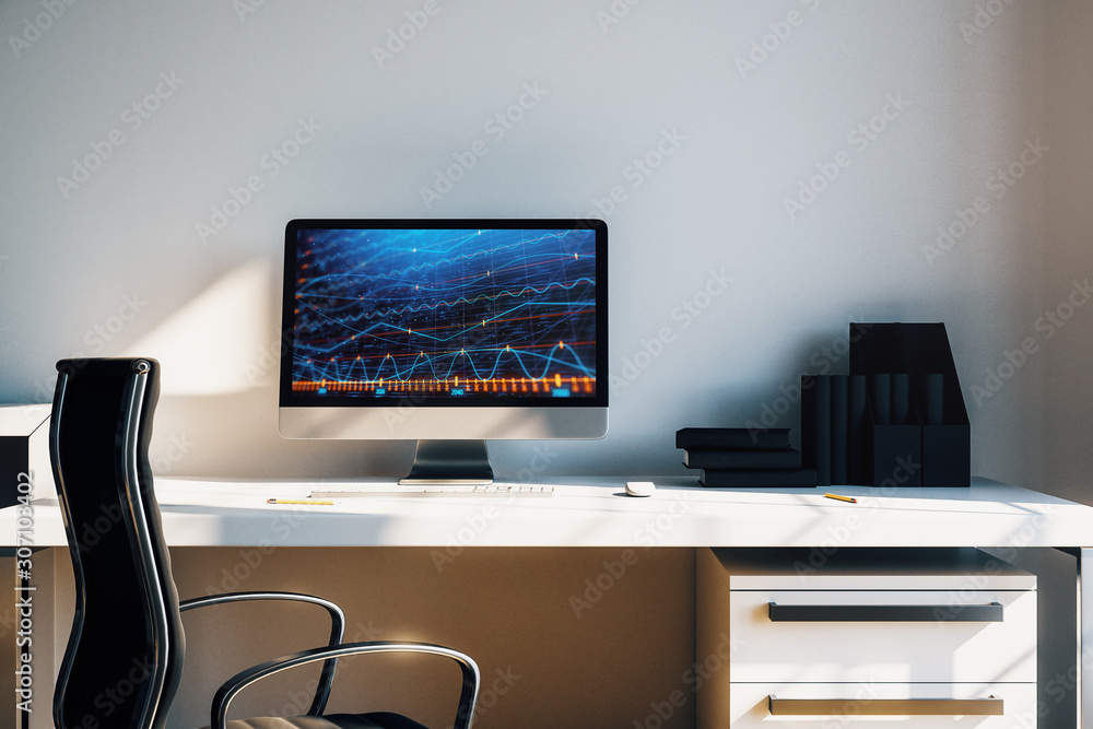 Poster cabinet desktop interior with financial charts and graphs on computer screen. concept of stock marke