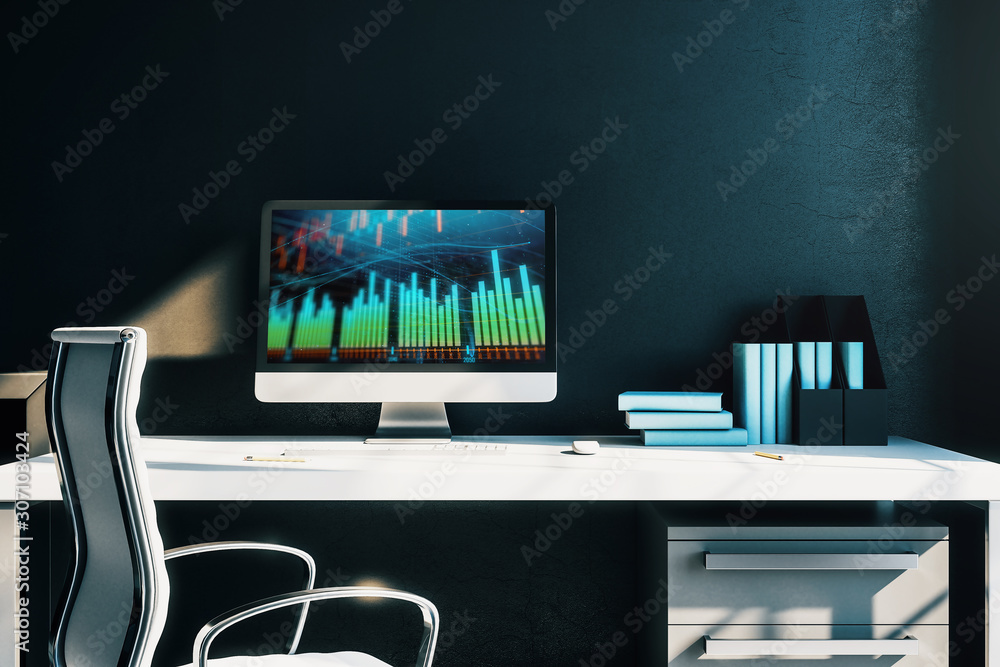 Poster cabinet desktop interior with financial charts and graphs on computer screen. concept of stock marke