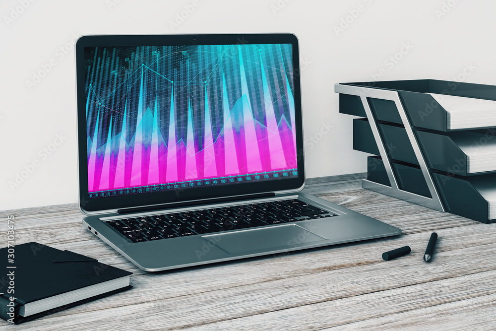 Poster laptop closeup with forex graph on computer screen. financial trading and education concept. 3d rend