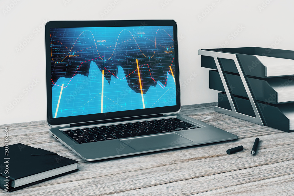 Poster laptop closeup with forex graph on computer screen. financial trading and education concept. 3d rend