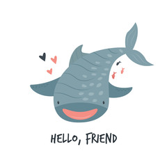 Cute smiling whale shark in childish style.
