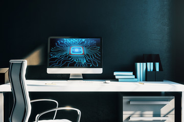 Cabinet desktop interior with technology theme drawing on computer screen. Concept of hightech. 3d rendering.