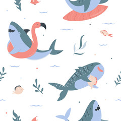 Summer seamless pattern with hand drawn sharks