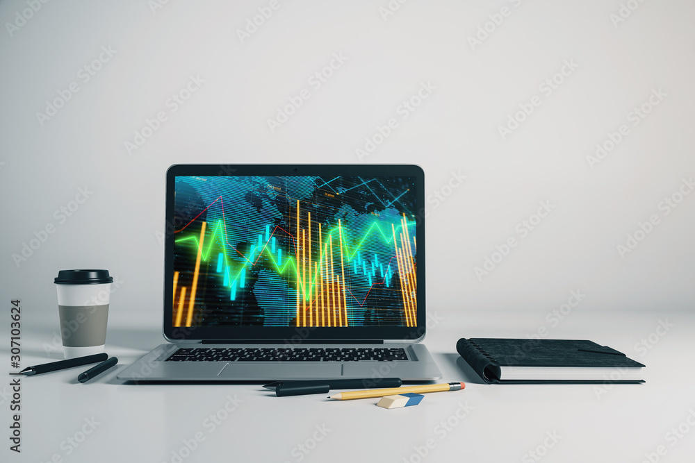 Aufkleber laptop closeup with forex graph and world map on computer screen. financial trading and education co