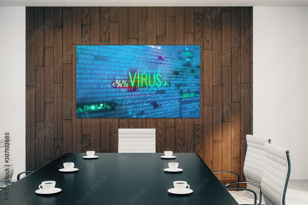 Poster conference room interior with hacking picture on screen monitor on the wall. data safety concept. 3d