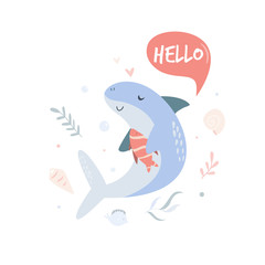 Naklejka premium Cute shark design. Poster with adorable character
