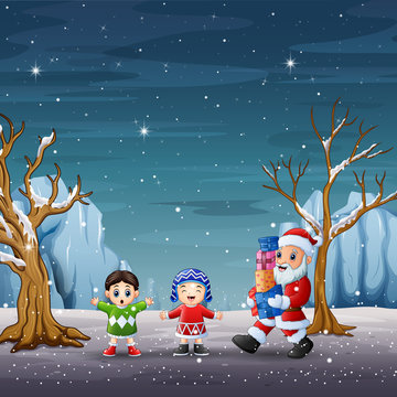 Cantoon santa claus gives gifts for children