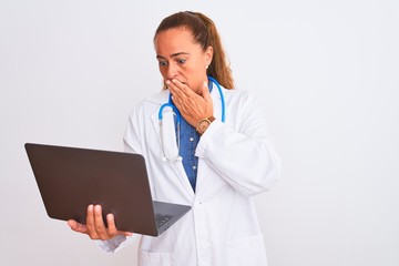 Middle age mature doctor woman holding computer laptop over isolated background cover mouth with...