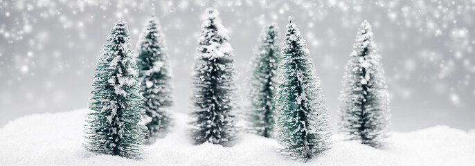 Christmas fir trees at snowfall