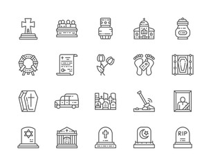Set of Funeral Line Icons. Church, Crypt, Testament, Coffin, Hearse and more.