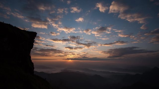 Timelapse of mountainous landscape during a sunny day or sunset at Phu Chi Fah National Park, Chiang Rai. footage time lapse b-roll scene 4k.