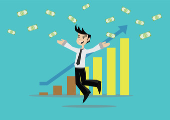 Happy businessman throwing money up in a successful business graph.