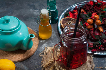 Red Hot Hibiscus tea in a glass mug