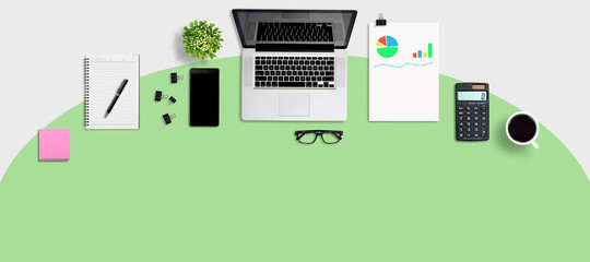 Top view business or office desk and supplies, with copy space. Creative flat lay photo of...