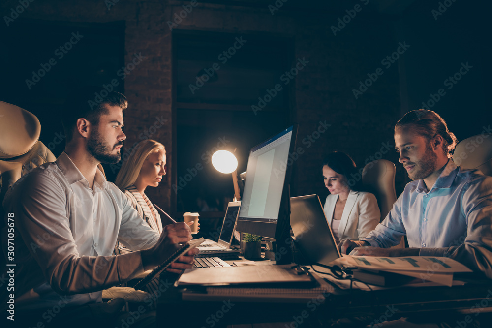 Sticker profile side view of four people sitting in front of screen writing code solving tech issue supporti