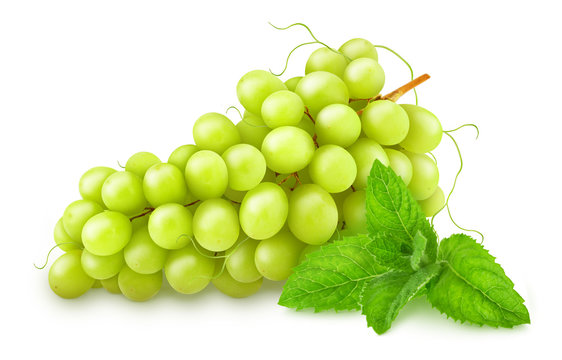 Composition with white juicy grape and sprig of mint isolated on a white background with clipping path.