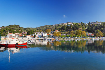 Fototapeta na wymiar The port in Glossa of Skopelos, Greece