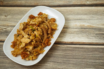 Close up stir fried noodles with chicken