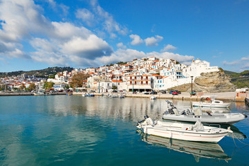 Fototapeta na wymiar The port in the Chora of Skopelos, Greece